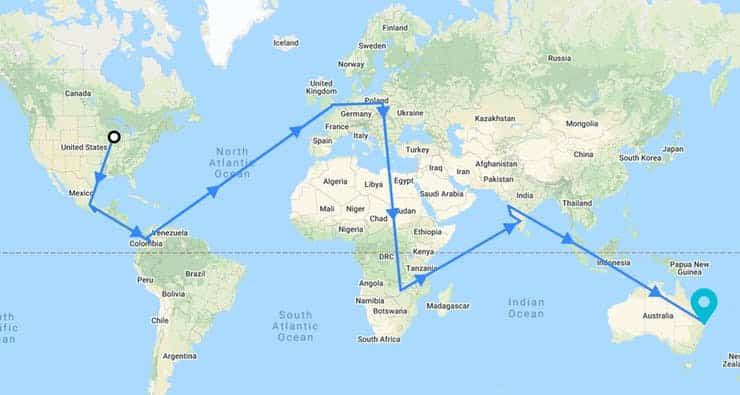 Map showing Notecard's path around the world