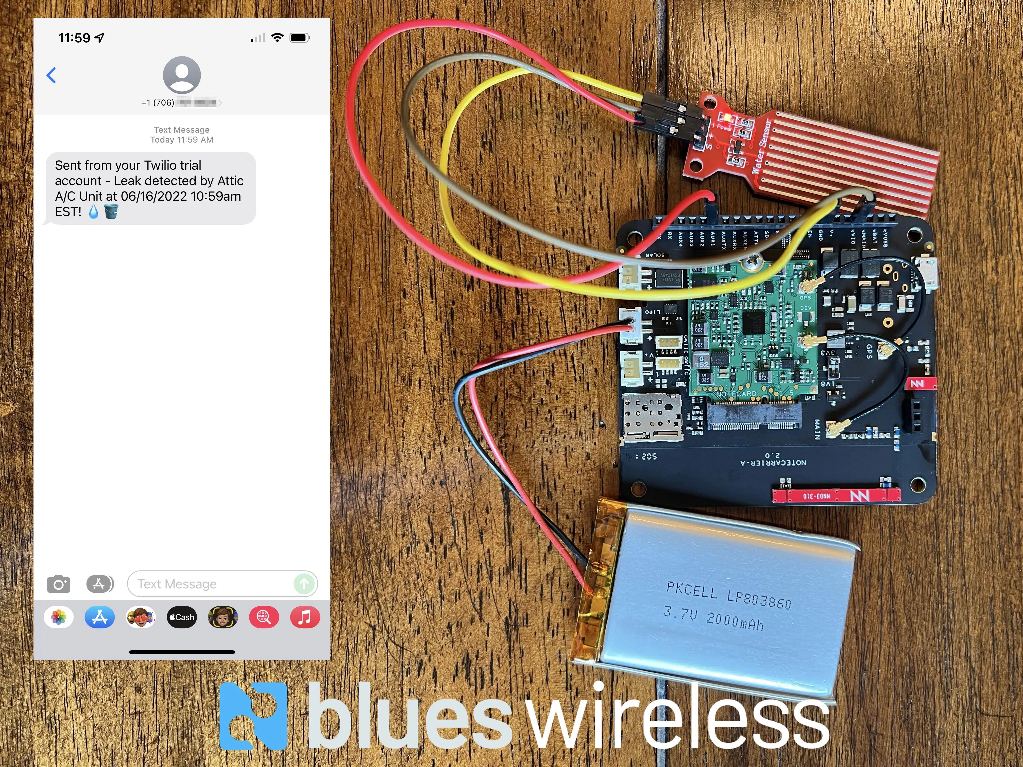 Leak detector device and SMS alerts message