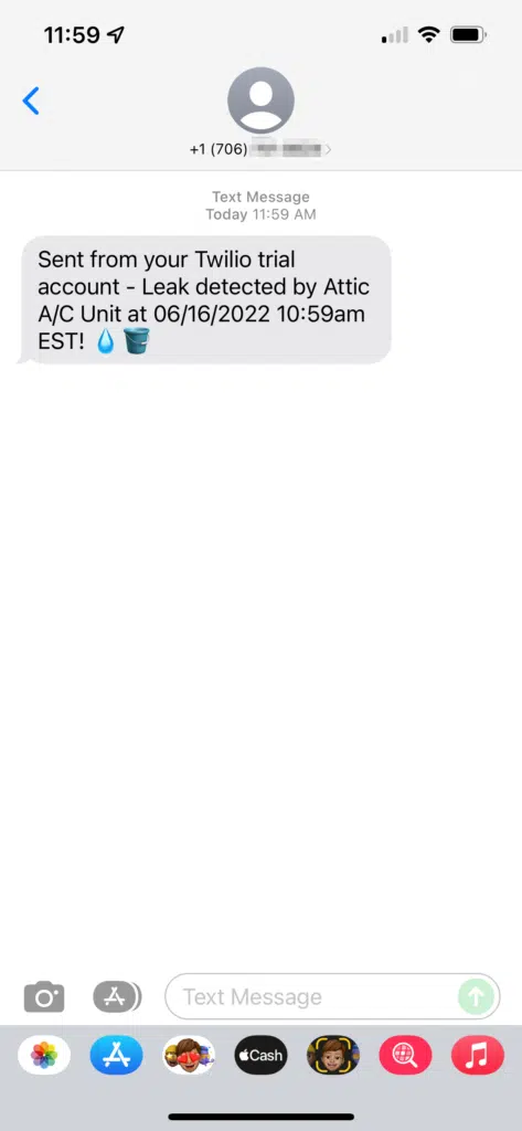 Twilio powered SMS alert telling a user a leak's been detected